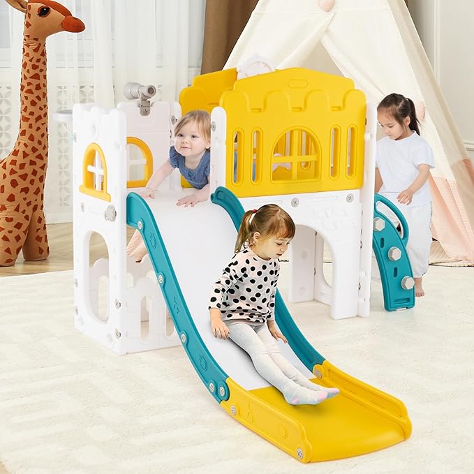 Costzon 9 in 1 Toddler Slide, Kids Slide and Climber Playset with Basketball Hoop, Telescope, Steering Wheel, Aisle, Tunnel & Storage Space, Baby Indoor Playground for Kids Aged 1+