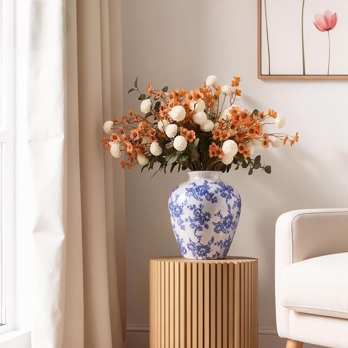 Ceramic Flower Vase Home Decor,8 Inch Blue and White Porcelain Vases,Vintage Table Vase for Farmhouse Rustic Living Room Kitchen Bedroom Shelf Office Desk Coffee Dining Fireplace