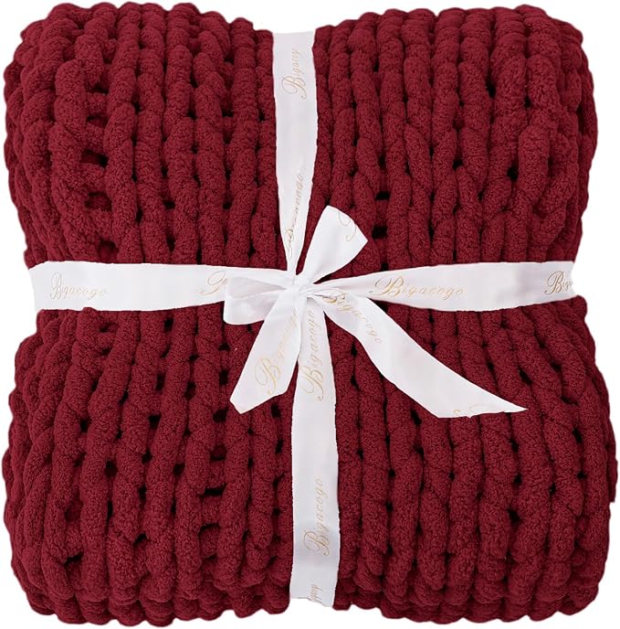 Bigacogo Chunky Knit Throw Blanket for Couch, 40x60 inches, Red | Hand Knit with Jumbo Chenille, Soft Breathable Cable Knit for Sofa Bed Living Room, Machine Washable, Gift for Mom Friend