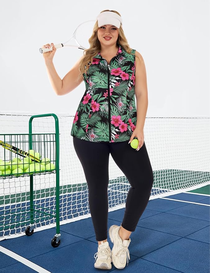 Misyula Style Plus Size Womens Golf Shirt Full-Zip with Pockets Tank Tops | Sleeveless, Quick Dry, Moisture-wicking, Lightweight Vests, Athletic, Tennis, Running, Workout, Casual, Travel, Work