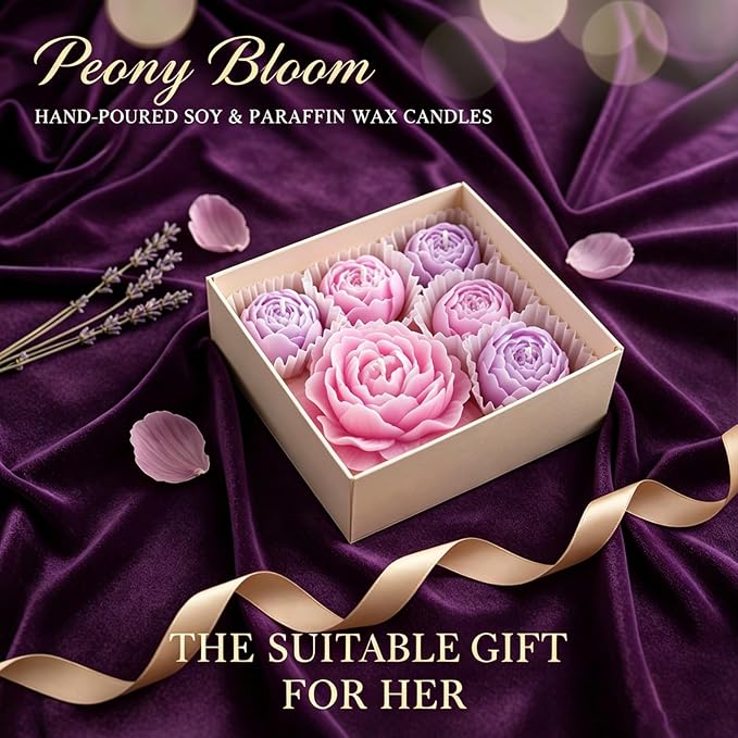 Flower Candles, Scented Floral Candle Rose Peony Shaped(Purple) | 6-Pack Handmade Aromatherapy for Spa Party Wedding Home Decor