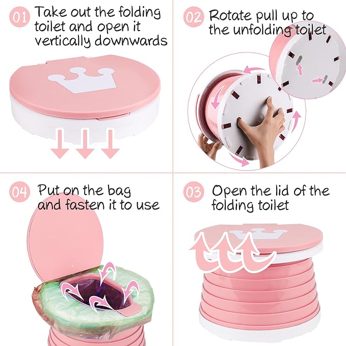 Portable Potty Seat, Toddler Folding Training Toilet Chair Kids Travel Foldable Potty Indoor Outdoor with Storage Travel Bag Pink
