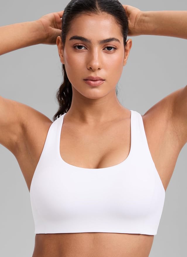 CRZ YOGA SculptAir Wide Straps Cross Back Sports Bras for Women - U Neck Medium Impact Wireless Padded Workout Top