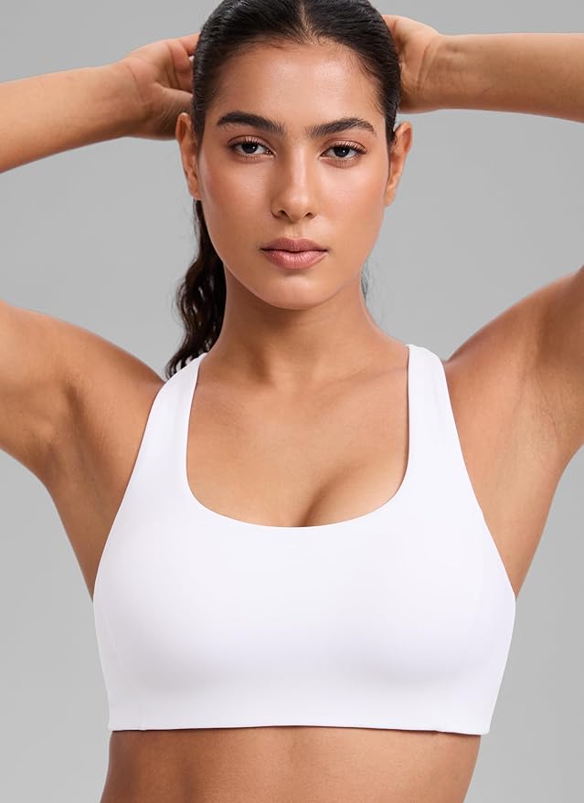 CRZ YOGA SculptAir Wide Straps Cross Back Sports Bras for Women - U Neck Medium Impact Wireless Padded Workout Top