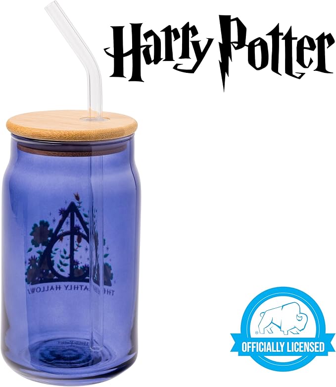 Silver Buffalo Harry Potter The Deathly Hallows Glass Tumbler with Bamboo Lid and Glass Straw, 16 Ounces