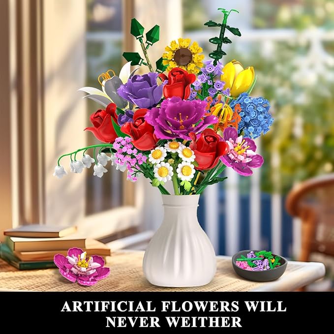Flower Bouquet Building Set, 18 Flowers Rose Building Block, 1065 PCS Botanical Collection Building Block Toy Plant Home Decor, Gift for Her Adults Women Kids Boys Girls 12+