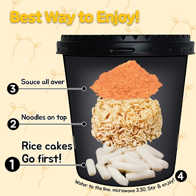 KINIKORA Cheese Instant Rabokki Cup 15-Pack Box, Korean Tteokbokki & Ramen | Topokki style Korean street food, Chewy rice cakes with ramen, Quick 3.5 min microwave cup meal
