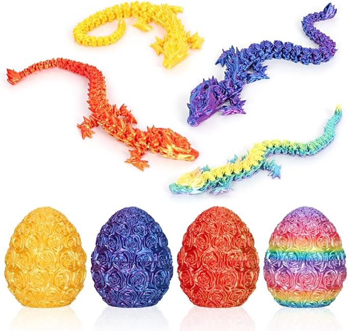 4-PCS 3D Printed Dragon Egg with Dragon Inside, Rose Pattern Desktop Decor, Articulated Dinosaur Fidget Toy – Halloween for Kids