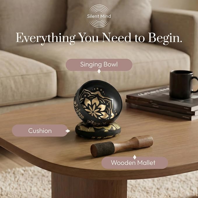Silent Mind Tibetan Singing Bowl Set – Easy to Play & Beginner Friendly Meditation Bowl with Cushion & Mallet | Stress Relief & Mindfulness | Gift-Ready