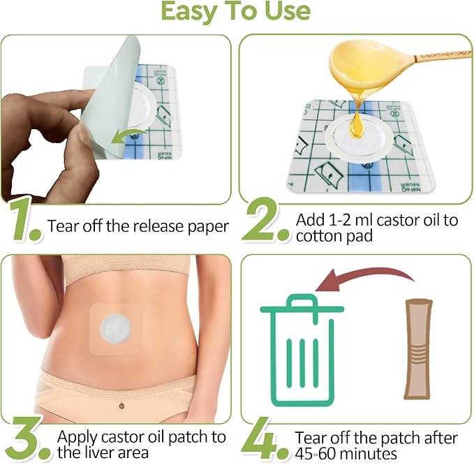 STFOCE 50pcs Castor Oil Patches, Castor Oil Belly Button Patch, Organic Cotton Self-Adhesive Pads for Stomach, Anti Leakage, Breathable, No Wash, Portable 3.2×3.2 Inch (Transparent)