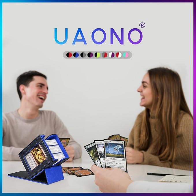 UAONO Card Deck Box with MTG Commander Display, Deck Case Holds 100+ Double-Sleeved Cards, Trading Card Storage Box Fits TCG/PTCG/Sports Card with 2 Dividers, 1 Top Loaders (Black, Blue)