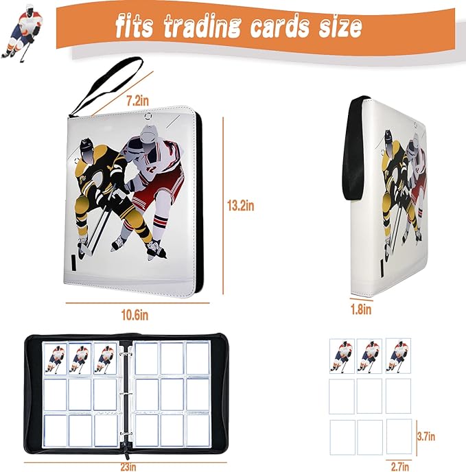 Hockey Card Binder, Trading Card Binder 9 Pocket with 50 Removable Sleeves Fits 900 Sport Cards, 3 Ring Card Holder Binder with Zipper, Collector Storage Album