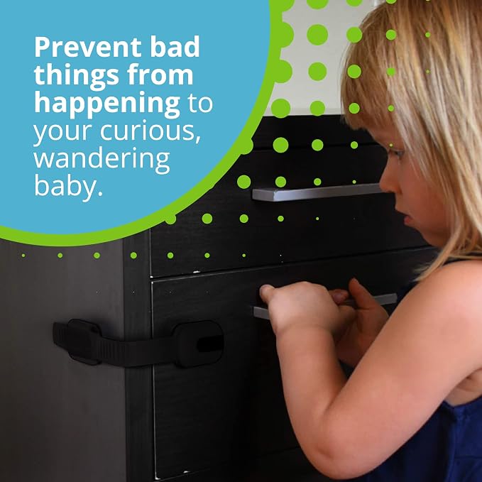 Adjustable & Reusable Child Safety Cabinet Locks & Latches, Baby Proofing Door Window, Cabinet, Toilet, & Refrigerator Lock, Child Safety Strap Locks with Adhesive Pads, Pack of 6, Black - Wonderkid