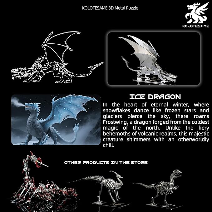 3D Ice Dragon Metal Puzzles for Adults DIY Animal Mechanical Puzzle for Hands-On Skill Challenge, Building Model Kit for Focus and Stress Relief, Creative Gift or Decorative Ornament