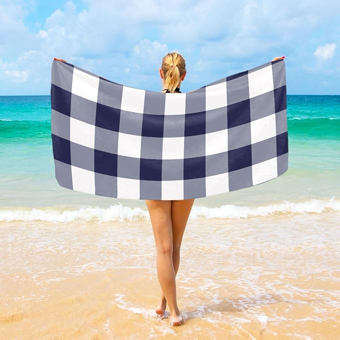 Navy White Checkboard Beach Towel, Microfiber Absorbent Quick Dry Swimming Yoga Beach Towels for Women, Men, Kids