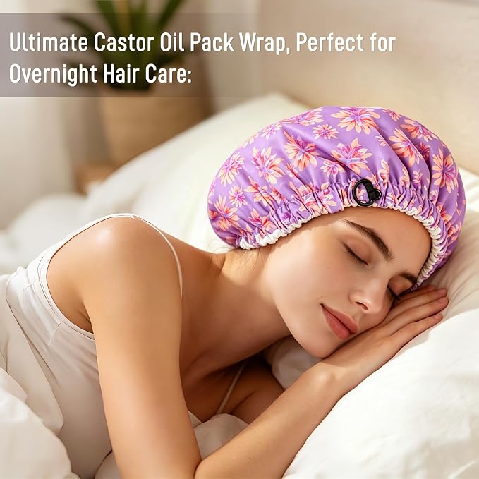 Castor Oil Pack Wrap Organic Cotton for Hair Growth, Overnight Hair Wrap for Sleep, Reusable Hair Mask Cap for Castor Oil Treatment of Balding,Thinning Dry and Damaged Hair(Oil Not Included) Purple, M