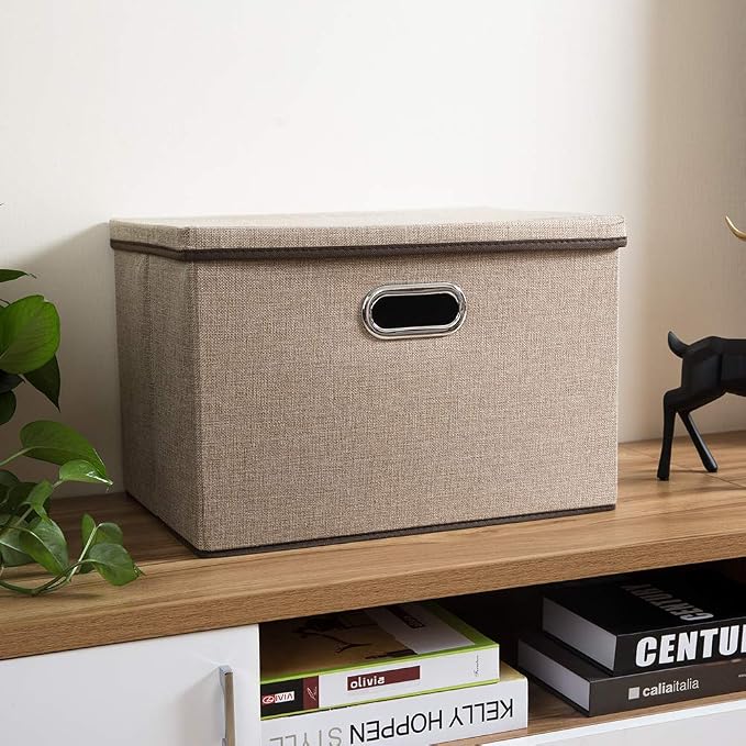 Large Collapsible Storage Bins with Lids [1-Pack] Jute Fabric Foldable Storage Boxes Organizer Containers Baskets Cube with Cover for Home Bedroom Closet Office Nursery (17.7x11.8x11.8)