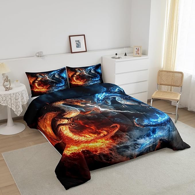 Feelyou Dragon Comforter Set Toddler Size Dragon Stuff Comforter Wild Life Bedding Set Thunder and Lightning Duvet Set Room Decor Blue Orange Quilt Set