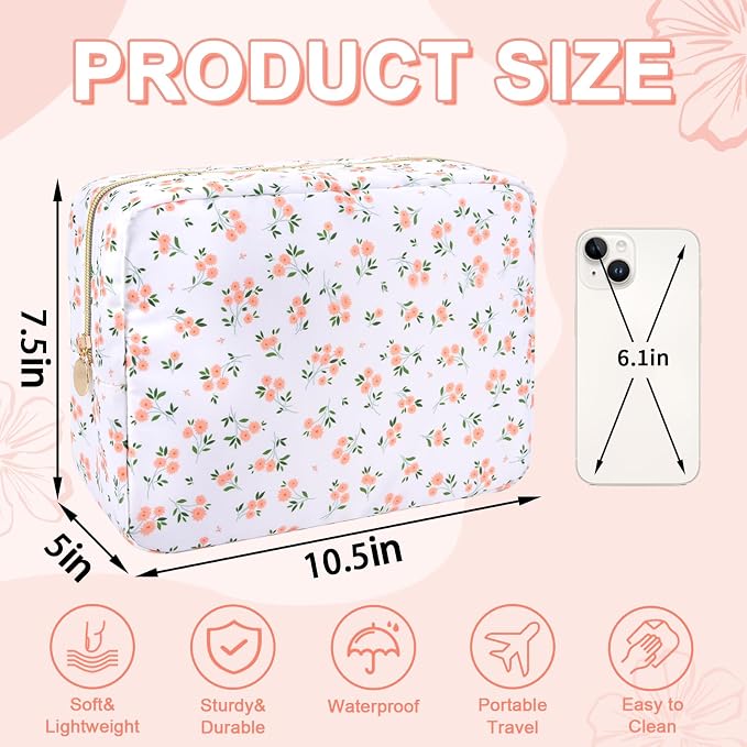 UIXIZQ Waterproof Large Floral Makeup Pouch,Nylon Travel Toiletry Storage Purse Preppy Cosmetic Bag for Women Girl,Large Capacity Makeup Organizer Zipper Pouch for Work(L White-Flowers)