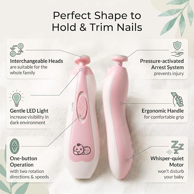 Royal Angels Upgraded 21 in 1 Baby Nail Trimmer with Labeled Case, 13 Extra Replacement Pads, Safe Electric Baby Nail File Kit for Newborns & Toddlers, Whisper Quiet Nail Clipper with LED Light (Pink)