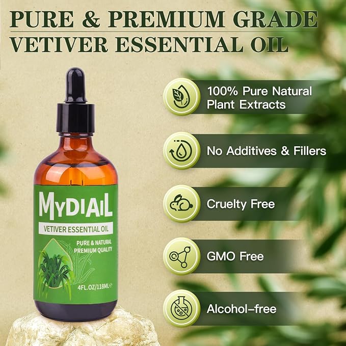 Vetiver Essential Oil Premium Quality Vetiver Oil 4oz with Dropper Perfect for Diffuser, Aromatherapy, Massage, Home Cleaning, Skin Care, Bath, Candle & Soap Making, Perfume - 118ML