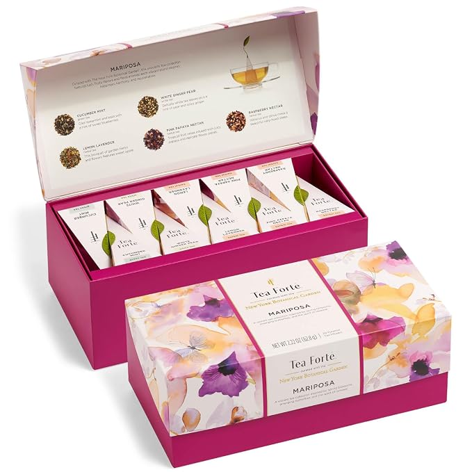 Tea Forte Premium Presentation Box Gift Set Sampler, 20 Count, Assorted Blends Individually Wrapped Handcrafted Pyramid Infuser Bags, Mariposa Tea