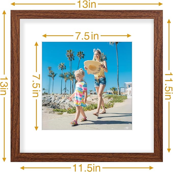 Vittanly 12x12 Picture Frames Set of 9 for Wall Mounting, Wood Grain Brown | Display Pictures 8x8 with Mat or 12x12 without Mat for Wall Mounting, Square Photo Frames for Home Decor, Engineered Wood