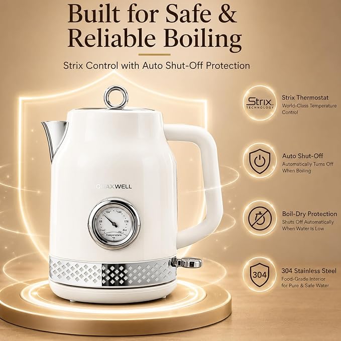 Retro Electric Kettle, 1.7L 304 Stainless Steel Tea Kettle with Temperature Gauge, 1500W Fast Boiling Water Boiler,Auto Shut-Off & Boil-Dry Protection, BPA-Free (Off-white)