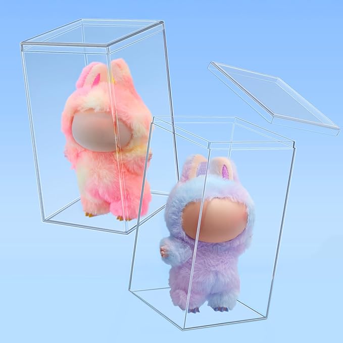 STORi Clear Plastic Stackable Display Case with Lid, Set of 2, Store Figurines, and Plush Collectibles, Box for Action Figures, Made in USA