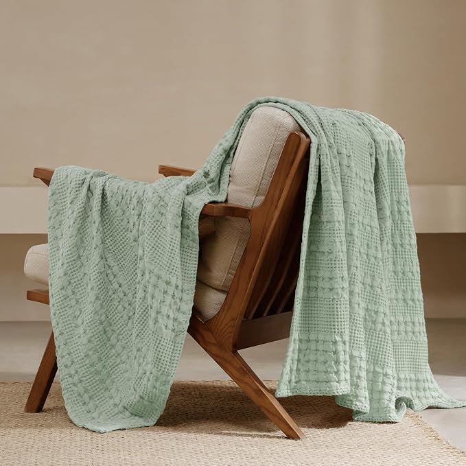 PHF 100% Cotton Waffle Weave Throw Blanket, Lightweight Breathable Summer Blanket for Couch Sofa, Pre-Washed Soft Throws for Bed, Office, Travel & Stylish Home Decor, 50"x60", Mint Green