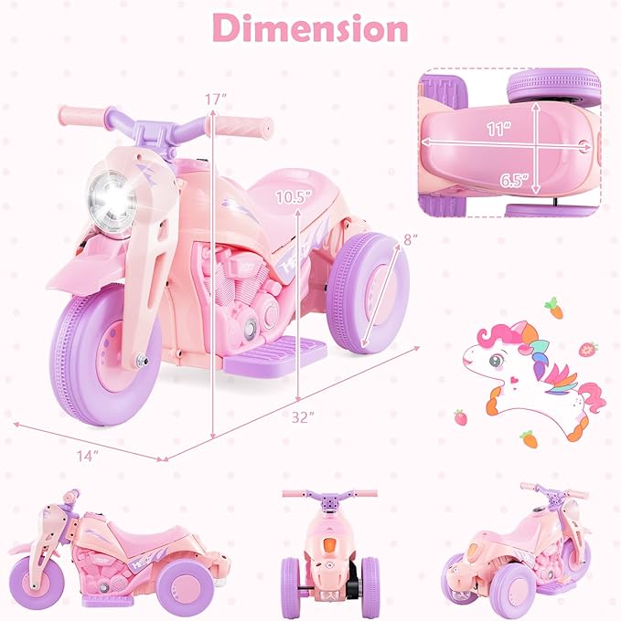 HONEY JOY Pink Ride On Motorcycle, 6V Toddler Motorcycle with Bubble Maker, LED Light, Music, Foot Pedal, Forward/Backward, 3-Wheel Battery Powered Electric Motorcycle for Kids, Gift for Boys Girls