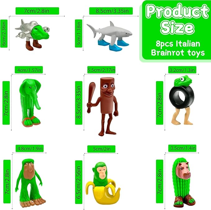 8PCS Italian Brainrot Action Figures, Tralalero Tralala Figures Toys, Collectible Animals Figurine with Tralalero Tralala, Brainrot Meme Shark Collectible Animals Figurine Doll Gifts for Fans