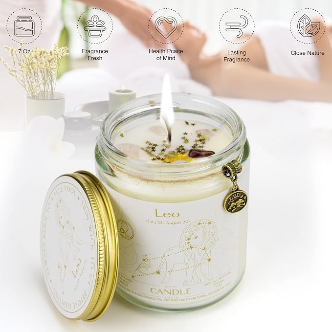 Leo Zodiac Crystal Candles - Astrology Gifts for Women, Scented Candle Jar for Birthday or Sister Zodiac Gift