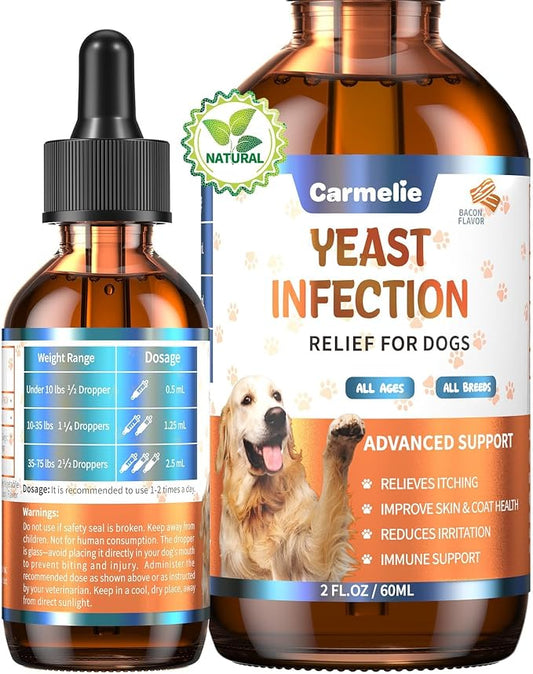 Carmelie Natural Yeast Relief for Dogs, Support Healthy Itch Relief, Ear Paw Discomfort Care, Itch Relief for Dog, Allergy Supports, Inflammation Relief for Dogs, 60ml Bacon Flavor