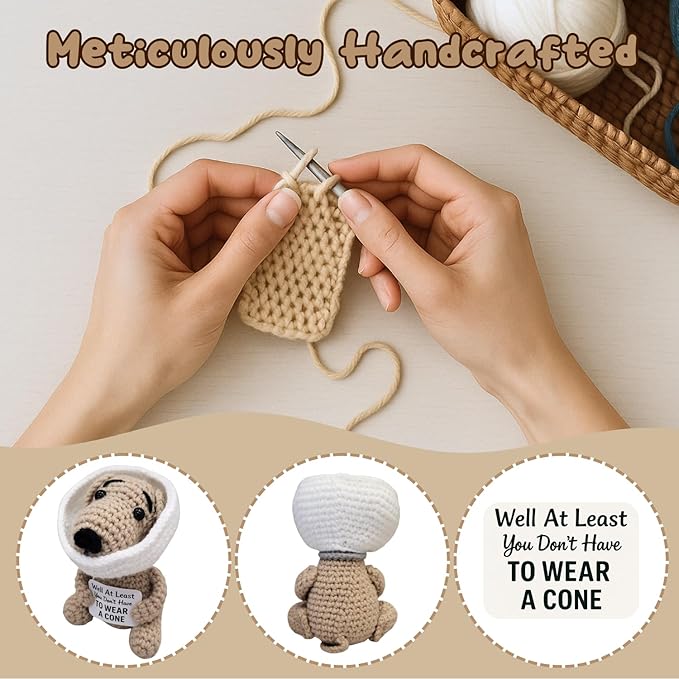 Well at Least You Don’t Have to Wear a Cone – Funny and Thoughtful Crochet Dog Gift – 4.5" Handmade Plush for Surgery Recovery, Vasectomy Humor, or Quirky Retirement Gift