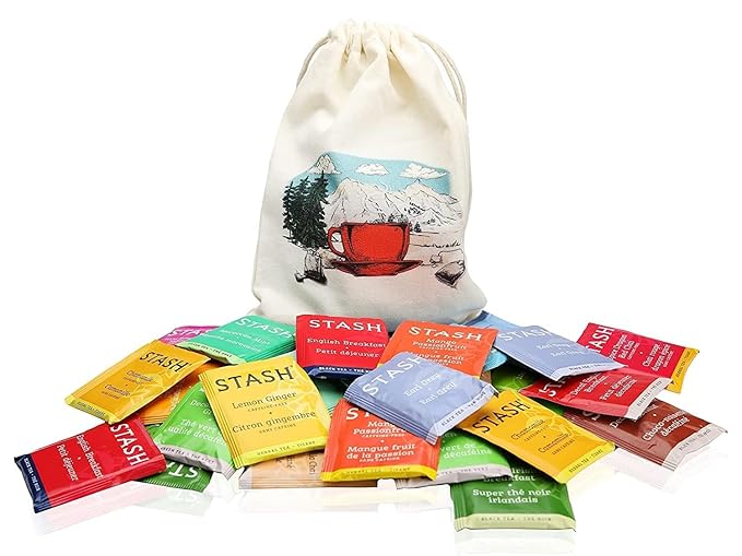 Stash Tea Bags Sampler Assortment Variety Pack 40 Tea Bags in Handmade Cotton Pouch | 18 Assorted Flavors Black Green Herbal Fruit Tea for Mom Dad Wife Husband Tea Lovers