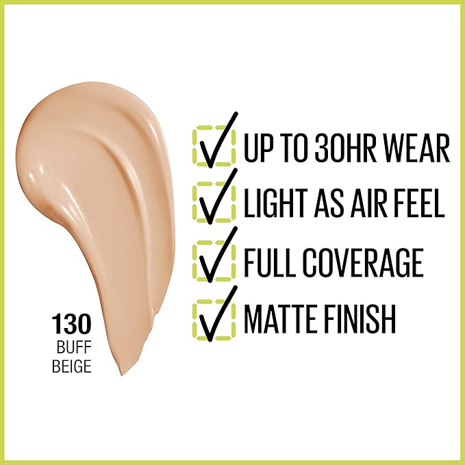 Maybelline Super Stay Full Coverage Liquid Foundation Active Wear Makeup, Up to 30Hr Wear, Transfer, Sweat & Water Resistant, Matte Finish, Buff Beige, 1 Count