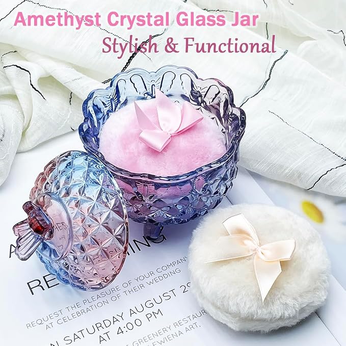 4" Glass Dusting Powder Container with 2 Fluffy Puffs,Cute 3.5" Soft Body Powder Puff and Jar Set(Butterfly-colorful purple)