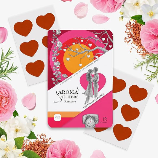 AROMA STICKERS® Original Blend Romance - 100% Natural Essential Oil Scented - Aromatherapy Sticker Diffuser for Perosonal Space - Towels & Pillows/Relaxing & Sleeping (Pack of 1, 12 Stickers)