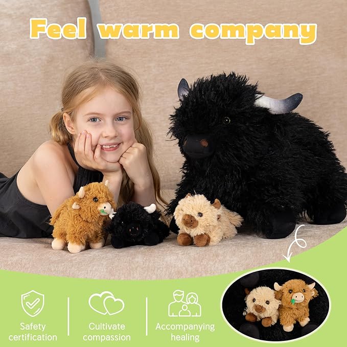 Muiteiur 21.6 Inch Highland Cow Stuffed Animal with 3 Baby Cows, Plush Highland Cattle Mother with Cute Messy Plush, Soft Black Cattle Toy Set for Kids Girls Boys