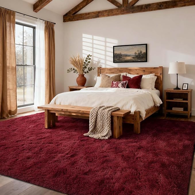 7x10 Ft Extra Large Shag Rugs for Living Room, Ultra Soft Fluffy Furry Area Rugs for Bedroom Indoor Floor, Aesthetic Carpet for Kids Home Decor (Burgundy)
