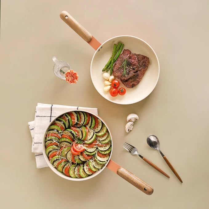 Neoflam Atelier 9.5-Inch Nonstick Stir Frying Wok with Glass Lid, Healthy Cooking Non Stick Ceramic Coating Skillet with Wood Handle, Induction Compatible Multi Pan, Made in Korea