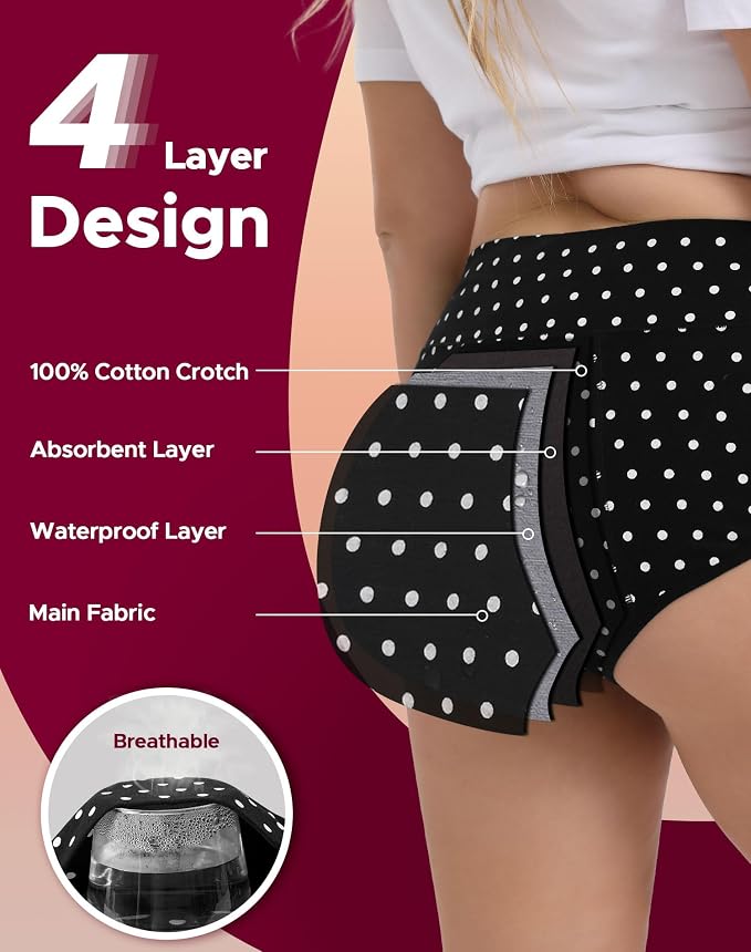 INNERSY Period Underwear for Women High Waisted Leak-Proof Postpartum Menstrual Panties 3-Pack