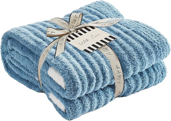 Soft Twin Blanket for Bed-Cozy Warm Reversible Knitted Blankets | Lightweight Fluffy Decor for Women, Mom, Her & Girls, Sofa, Chair, Couch, 60x80in, Blue