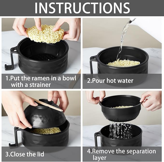 1 Set Microwave Ramen Cooker 40oz Wheat Straw Microwave Noodle Bowl Set with Chopsticks, Spoon, Fork, College Dorm Office Apartment Essentials (Black)