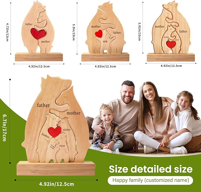 Personalized Wooden Bear Family Puzzle with 2-6 Names - Custom Animal Art Figurine with Red Heart Centerpiece - Cute for Mom Grandma (Rustic Home Decor)