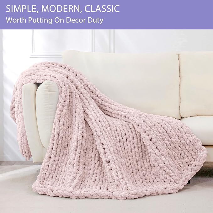Bigacogo Chunky Knit Throw Blanket for Couch, 40x40 inches, Rose Tan | Hand Knit with Jumbo Chenille, Soft Breathable Cable Knit for Sofa Bed Living Room, Machine Washable, Gift for Mom Friend