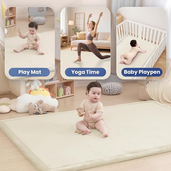 Baby Play Mat for Floor,1.3" Thick Elasti-Foam 50x50 Playpen Mat for Toddlers Infant Kids,Water-Repellent Soft Coral Velvet for Tummy Time,Non-Slip Backing for Crawling,Tatami Style(Cream)