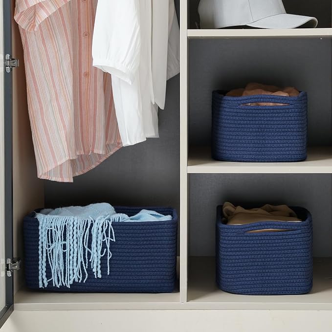 3 Pack Storage Baskets for Organizing, 13.7×9.5×6.3", Navy Blue | Woven Baskets for Shelves, Cotton Rope Basket for Gifts Empty, Closet Organizer Bins with Handles, Cube Decorative Box