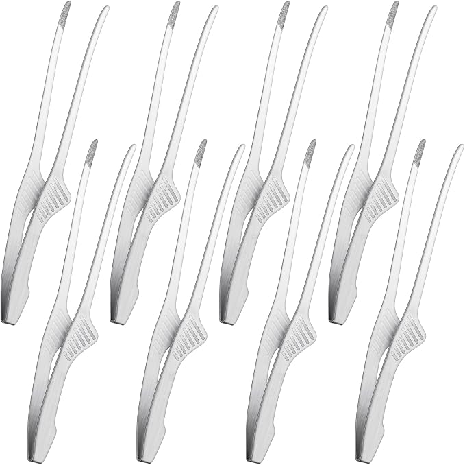 Patelai 8 Pieces Korean and Japanese BBQ Tongs Non Slip Cooking Utensils Stainless Steel Tongs for Serving Food, Salad, Camping, Barbecue, Buffet, Oven with Support Stand (Silver)
